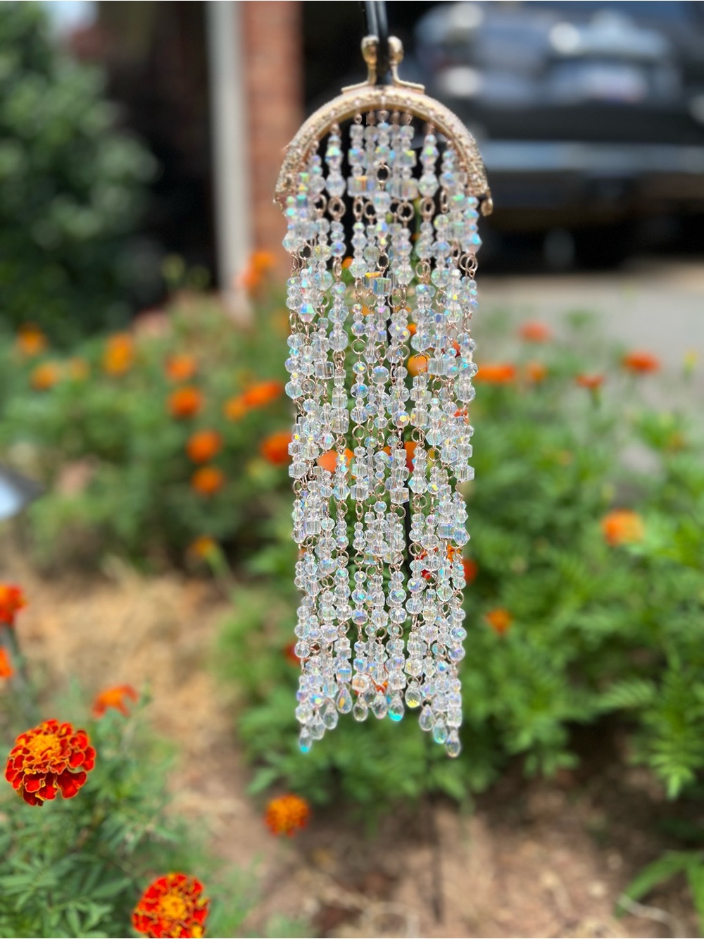 Hand-Wired Rose Gold Glass Bead Suncatcher with Rhinestone Kiss Lock - Picture 3 of 7